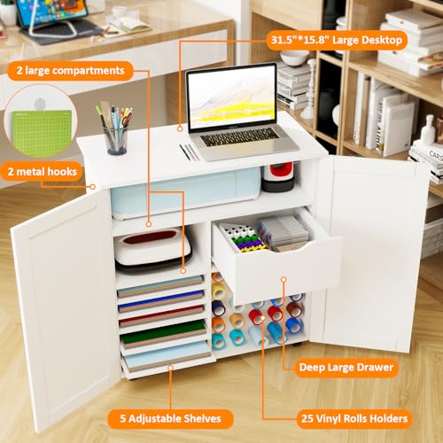 Vomavex Cricut Rolling Craft Cabinet with Vinyl Roll Holder | 31.6 x 15.8 x 33.7 in