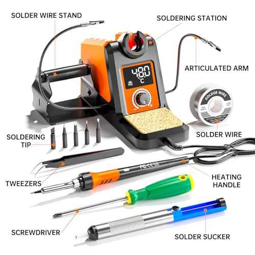 Digital Soldering Iron station Kit, 2 Auxiliary Clamps, 5 Soldering Iron Tips, Solder Wires, Solder Suckers, Stainless Steel Tweezers, and a Phillips Start, soldering station