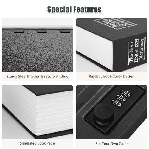 KYODOLED Large Black Dictionary Book Safe with Combination Lock - Hidden Money Security Box 9.5" x 6.2" x 2.2"