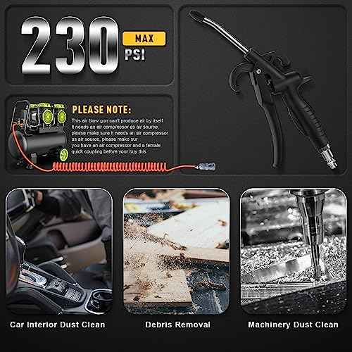 High Volume Air Blow Gun with Rubber Guard Air Flow Nozzle, Industrial Household Air Blower Gun Angle Bent Jet Nozzle, Air Gun for Compressor Pneumatic Tool for Dust Cleaning Car Detailing