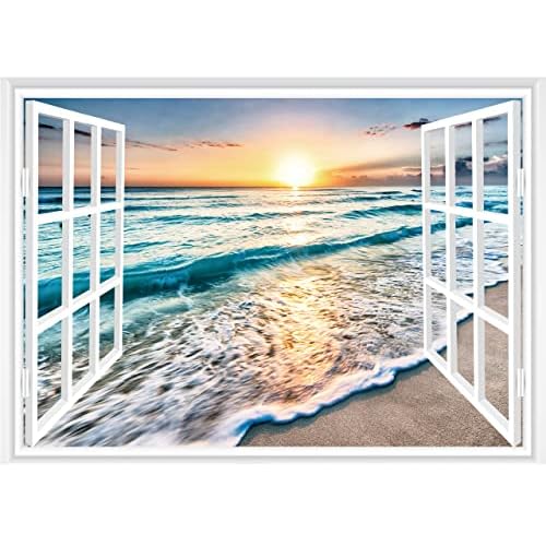 FLFK Fake Window Wall Sticker - Sunset Beach Faux Window Wall Mural for Wall Decor, Stick and Peel Wall Decals,16"x24"