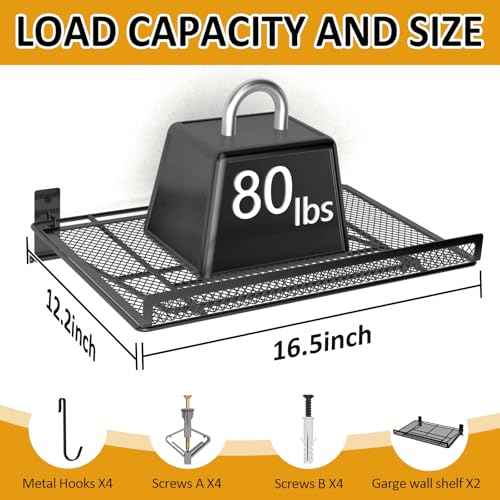 BABKAS 2 Pack Garage Wall Shelving, Metal Garage Wall Shelf with 4 Hooks, Heavy Duty Wall Shelves Mounted for Garage Storage, Laundry Room, Closet and Kitchen | Holds Up to 80 Lbs | 16.5" x 12.2"