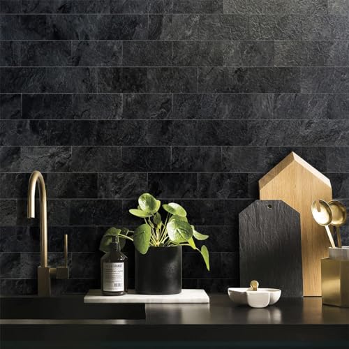 AULIGET Black Slate Peel and Stick Backsplash Tiles - 100 pcs, 3x6 inch, Faux Stone for Kitchen & Bathroom, Variation: Black Slate / 100