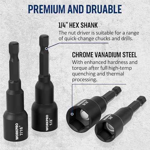 WORKPRO 6 PCS Magnetic Nut Driver Set, Metric & SAE, 1/4" Hex Shank, Drill Socket Set, Impact Driver Bit Set, 1/4¡± to 9/16¡±, Chrome Vanadium Steel
