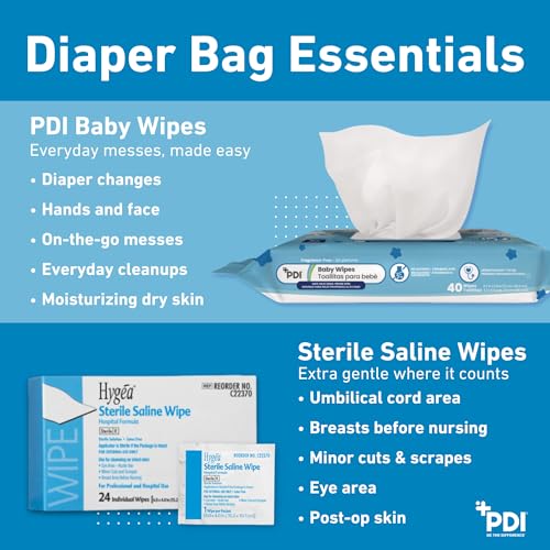 Sterile Saline Wipes & Hypoallergenic Baby Wipes Bundle - PDI 40 Count, Sterilization & Diaper Bag Essentials