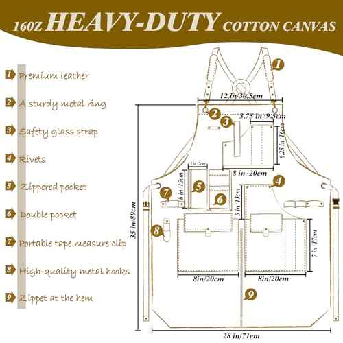 Woodworking Apron, Tool Apron, Canvas, Multiple Pockets, Adjustable Zipper, Metal Ring, Tape Measure Clip, Plus Size, Khaki.