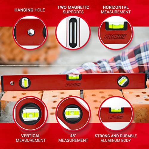Promaker 18 Inch Magnetic Aluminum Level with 3 Bubble Vials - Durable, Drop-Resistant