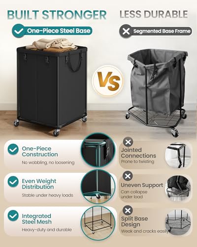SONGMICS 45 Gallon Laundry Basket with Wheels, Removable Liner Bag 170L-Rectangular Ink Black