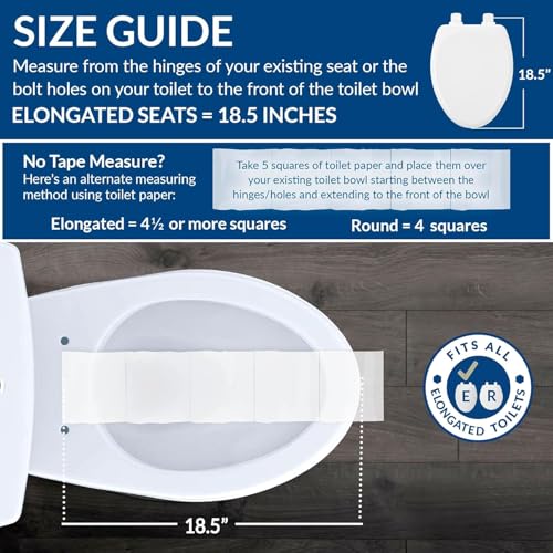 Mayfair Linden Slow Close Elongated Toilet Seat - Heavy Duty Wood, White, Easy Install