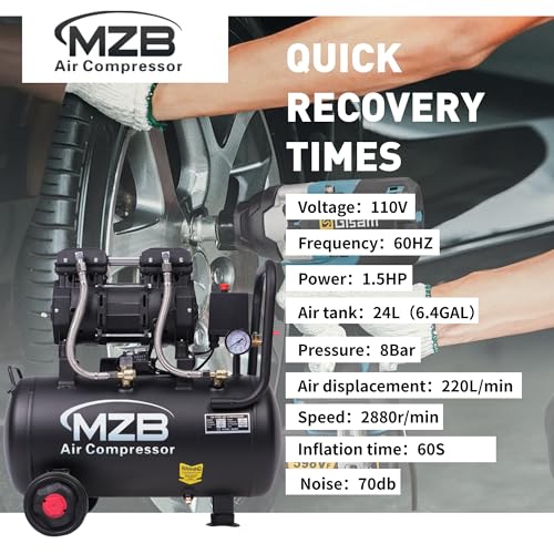 MZB-1100H-24 6.4 Gallon Ultra Quiet Oil-Free Air Compressor 115 PSI 7.41 CFM 1.5HP