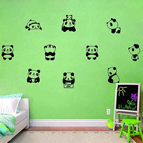 10 pcs Cute Small Panda Wall Decal Sticker Nordic Style Cute Animal Vinyl Wall Stickers for Kids Room Baby Room Nursery Wall Decor Effect Size 34"x64"inch (black-JWH265-Panda)