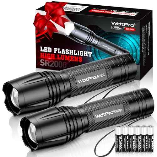 WdtPro LED Flashlight High Lumens SR2000 Pro, 2 Pack Brighter Tactical Flashlights with 5 Modes & Zoomable, Powerful Mini Flash Light for Emergency, Camping, Hiking (Black)