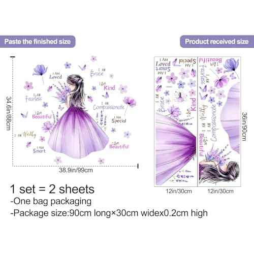 Butterfly Girl Wall Decal Flower Fairy Princess Wall Stickers Inspirational Quote Purple Lavender Floral Vinyl DIY Removable Peel and Stick Nursery Wall Decor for Kids Baby Bedroom Decoration DT-8617