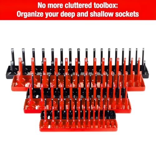 6PCS Socket Organizer Tray Set, Red SAE & Black Metric Socket Storage Trays, 1/4-Inch, 3/8-Inch & 1/2-Inch Drive Deep and Shallow Socket Holders for Toolboxes