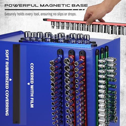 SEDY 9-Piece Aluminum Magnetic Socket Organizer Set - Holds 120 Sockets, Detachable Rails for 1/4, 3/8, 1/2 Sizes, Blue/Red/Green
