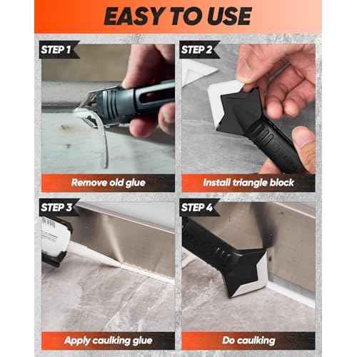 Saker Silicone Caulking Tools-3 in 1 Sealant Finishing Tool Grout Remove Scraper (Stainless Steelhead),Caulk Remover Glass Glue Angle Scraper for Bathroom,Kitchen,Floor,Window,Sink Joint,Frames Seal