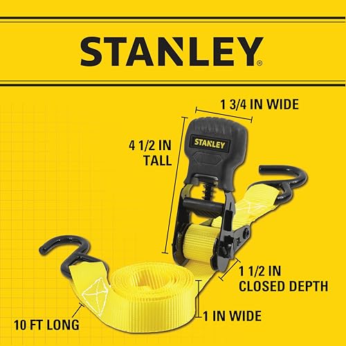Stanley 1in x 10ft Ratchet Tie Down Straps Pack of 2, 500lb Safe Working Load