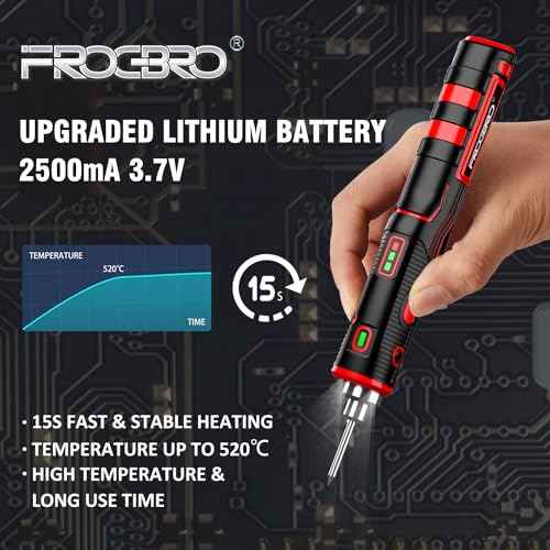 FrogBro Upgrade 11W 2500mAh Cordless Soldering Iron Kit, Max 968¢µ Fast Heating Portable, USB Rechargeable High Capacity with Touch Sensor & LED Spotlight