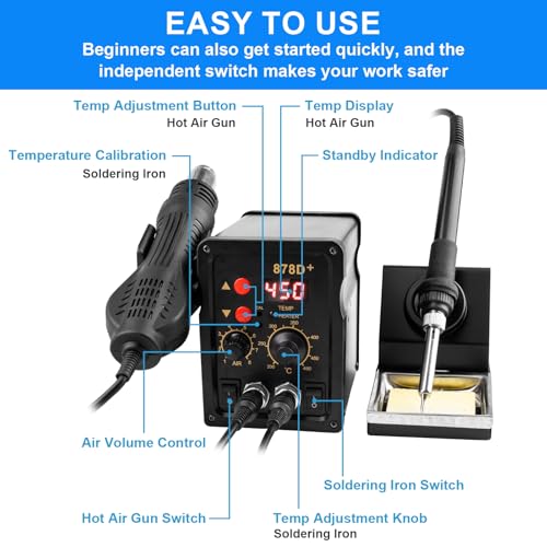 2 in 1 Hot Air Rework Soldering Iron Station Kit, Precision Circuit Board Soldering Gun Kit, Rapid Heat up Solder Station, Upgrade Dual System Independent Control, Auto Sleep & Calibration