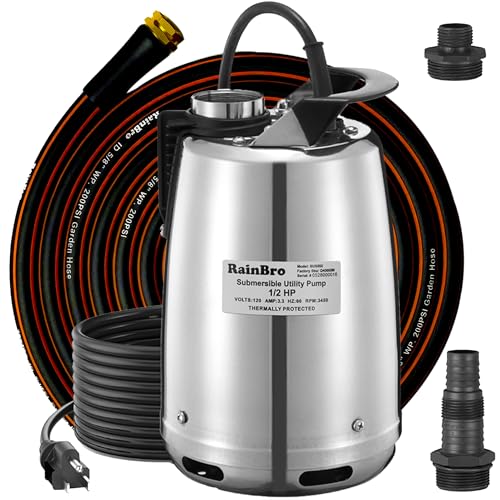 RainBro 1/2 HP Submersible Sump Pump 2300 GPH with Hose, Portable Water Drainage