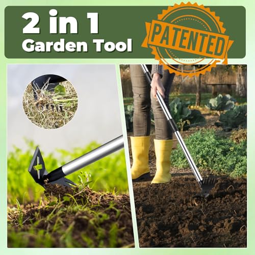 NICOFPHY Long Handle Weed Puller Tool with Heavy Duty Hoe & Rake