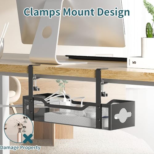 Litwaro Black Under Desk Cable Management Tray 13.4" No Drill Clamp Mount