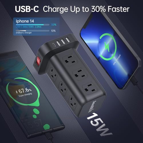 SMALLRT Black Power Strip Tower with 12 Outlets & 4 USB Ports, 6.5FT Extension Cord, Overload Protection, No Wireless Charging