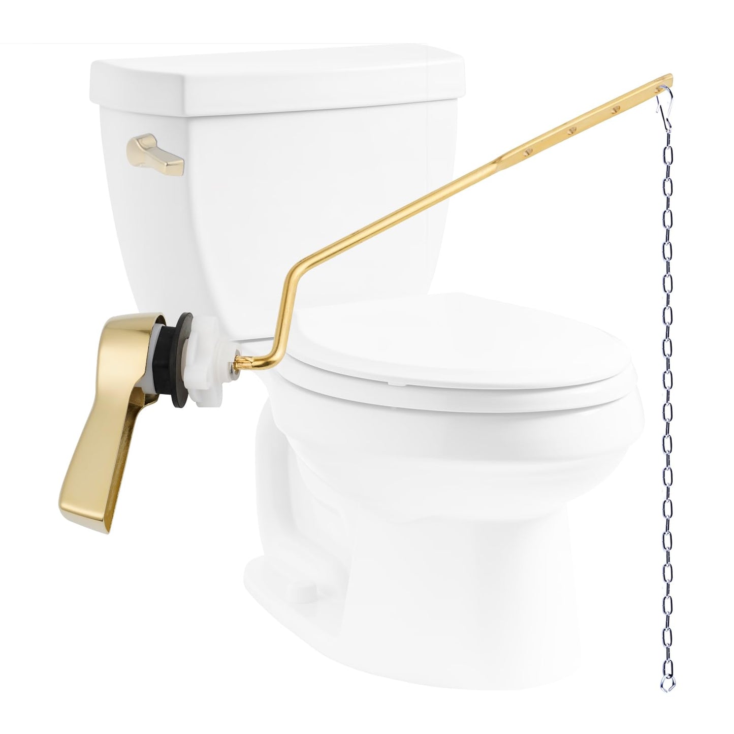 Hibbent Universal Metal Side Mount Toilet Handle Replacement Kit, Brass Toilet Flush Tank Lever with Stainless Steel Flapper Chains for Most Toilets, Shiny Gold