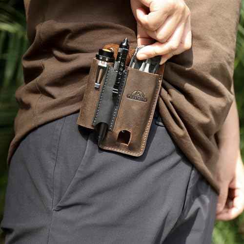 Topstache Leather Multitool Sheath with Belt Clip - Multitool Holster for Belt - EDC Belt Organizer Fits, Flashlight, Pen - Leather Pouch - Holder, Dark Brown