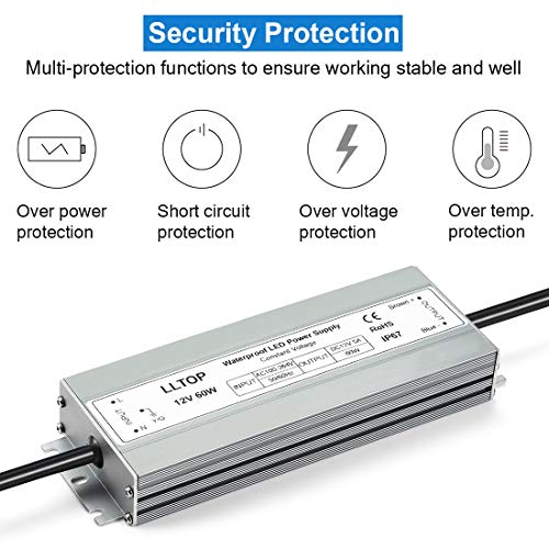 LLTOP 12V 60W Waterproof IP67 LED Driver Power Supply 5A - UL Certified