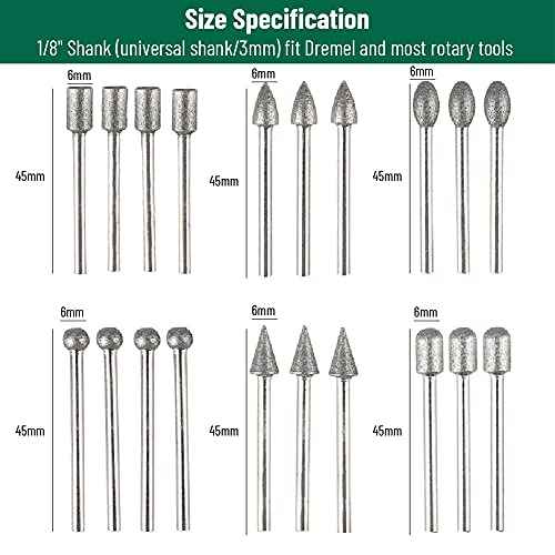 Diamond Grinding Burr Drill Bit Set Compatible with Dremel Rotary Tool 20Pcs Diamond Drill Bits with 1/8" Shank Rotary Tool Accessories for Carving Engraving Grinding Polishing Stone Glass Ceramic
