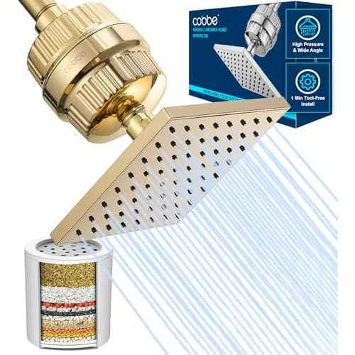 Cobbe High Pressure Filtered Shower Head Combo, Rain Shower Head with 20 Stage Shower Head Filter for Hard Water - Adjustable Replacement Remove Chlorine and Harmful Substances, Gold