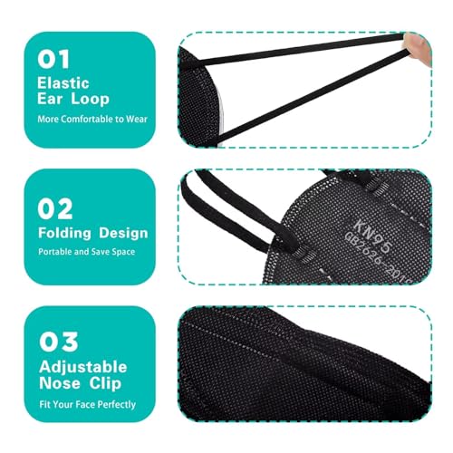 LEM ENT 50 Pack Black KN95 Face Masks - 5-Layer Dust & Safety Masks for Adults