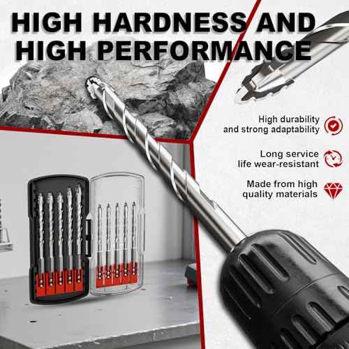 Upgraded Masonry Drill Bit Set,Serrated Concrete Drill bit Set - (3/16"-1/2") 10-Piece Professional Carbide Drill Bits for Concrete, Tile, Brick, Glass, Ceramic, Wood, and Plastic