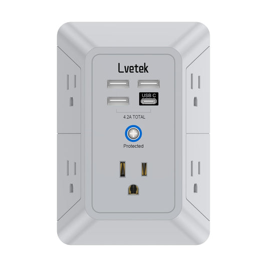 Outlet Extender, Surge Protector Outlet with 5-Multi Plug Outlet and 4 USB Ports(1 USB C), 3-Sided 1680J Power Strip Wall Charger, Multiple-Plug Outlet Splitter for Home Travel Office,ETL Listed,Grey