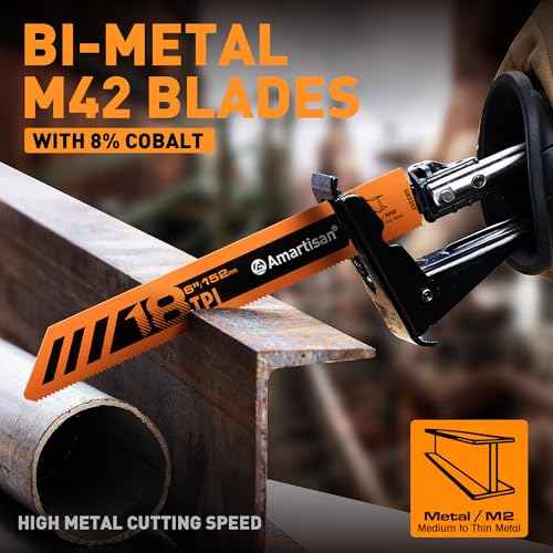 AMARTISAN 10-Piece Bi-Metal Reciprocating Saw Blade Set 6 to 8 Inch Used for Wood & Metal Cutting, Drywall, Plastic and Composite Materials