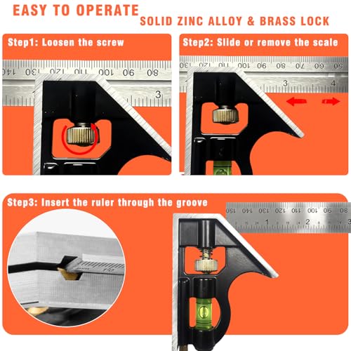 ALLWIN 6-Inch Combination Square with Stainless Ruler, Zinc Alloy Body, Bubble Level – Woodworking & DIY Precision