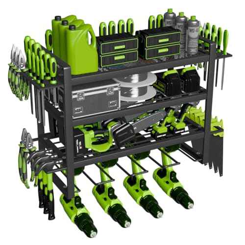 Power Tool Organizer Wall Mount Loads 200lbs, 4 Layers Heavy Duty Tool Organizers and Storage, Cordless Tool Rack with 4 Drills Holder, for Garage Workshop Shed Tool Room Garden