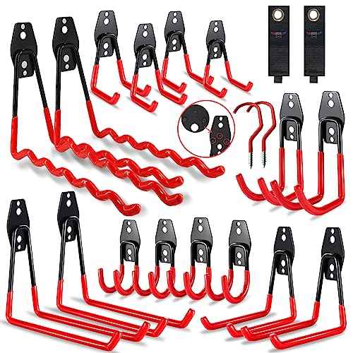 3-H Garage Wall Hooks 20 Pack, Garage Hooks Heavy Duty with Extra Welding Spots, Garage Organizer for Garden, Lawn, Chairs, Ladders, WeedEater, Shovel (Red)