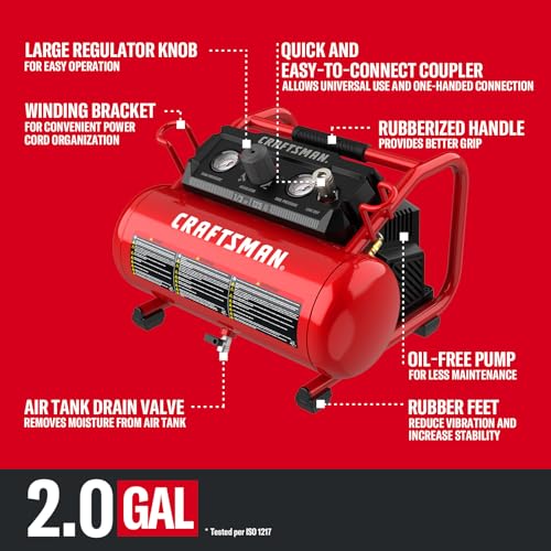 CRAFTSMAN 2 Gallon Portable Air Compressor with 10 Accessories, 125 PSI, Oil-Free, Light Weight