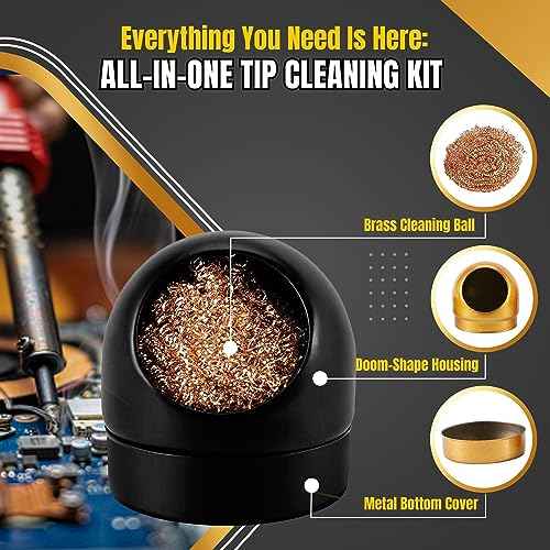 Flexzion Solder Cleaner with Brass Wool Soldering Wire Sponge and Black, Dome-shaped, Non-Slip Solder Sponge Tray Housing, Soldering Iron Tip Cleaner, No Water Needed
