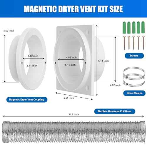 Magnetic Dryer Vent Coupling, Airtight Seal Strong Magnet Dryer Vent Connector Kit Quick Connect Disconnect Easy to Clean Flexible Hose Exhaust Duct Adapter Attachment with Clamps Screws