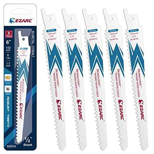 EZARC Reciprocating Saw Blade Bi-Metal Cobalt Sabre Saw Blades for Wood Demolition 6-Inch 6TPI R622DH (5-Pack)