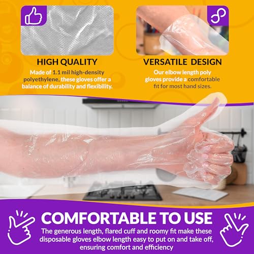 Disposable Elbow Gloves, 22 Inch Long. Clear Disposable Elbow Length Gloves for Food Handling, 1.1 mil HDPE