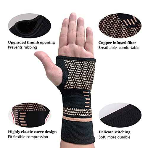 Copper Wrist Compression Sleeve, Elastic Wrist Support Sleeve Wrist Brace for Tendonitis, Arthritis, Sprains Pain Relief, Breathable Carpal Tunnel Hand Brace for Sport, Fitness, Workout, Typing