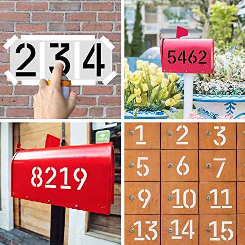 4 Inch Curb Stencil Kit 0-9 Address Number Stencil, 20Pcs Reusable 14 Mil Mylar Plastic Numbers Stencils with Masking Tape for Painting on Road, Wall, Wood, Mailbox(4"Tall)