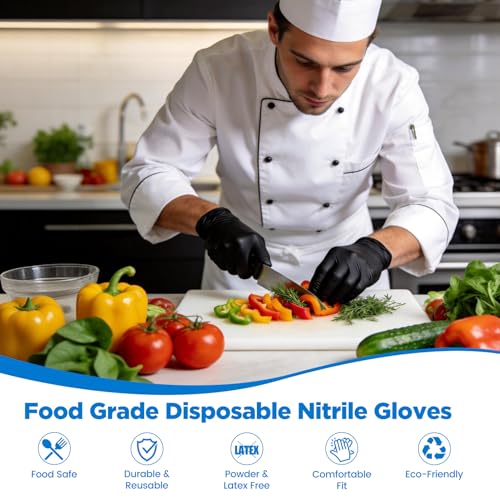ONLYSTAR Food Grade Black Nitrile Disposable Gloves Large, 100 Pcs - 5 Mil Thick, Textured Grip, Touchscreen Compatible
