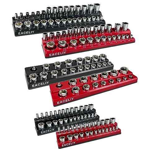 6-Piece Magnetic Socket Organizer Set, 1/2", 1/4" and 3/8" SAE & Metric Deep & Shallow Socket Holder Kit, holds 141 stanard Sockets, attaches to steel box/tool cart (sockets not included)
