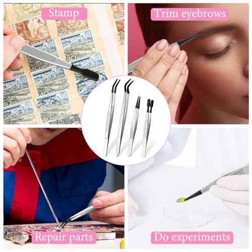Sibba Tweezers with Rubber Tips 4Pcs PVC Rubber Coated Tweezer Set Jewelry Making Kits PVC Coated Tweezers Set Rubber Straight Tip Tweezers Flat Tip Gripper Reusable Forceps for Crafts Stamps Beads