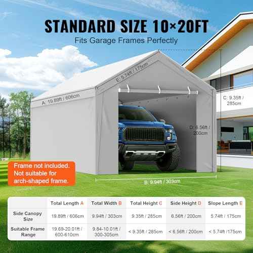 VEVOR Carport Replacement Canopy Cover Top + Side Wall 10 x 20 ft, Garage Tent Shelter Tarp Heavy-Duty Waterproof & UV Protected, Easy Installation with Ball Bungees,Grey (Frame Not Included)